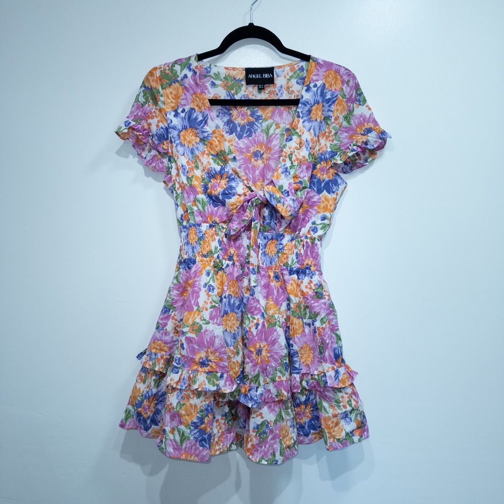 Angel Biba Blue & Purple Floral Ruffle‎ Cutout Front Mini Dress Size Small